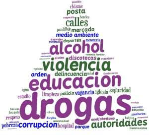 The last question of the survey asked students “if you could change three things about Olmos, what would they be?” This infographic represents the themes most frequently mentioned. Drugs, sub-par education, violence and alcohol abuse.